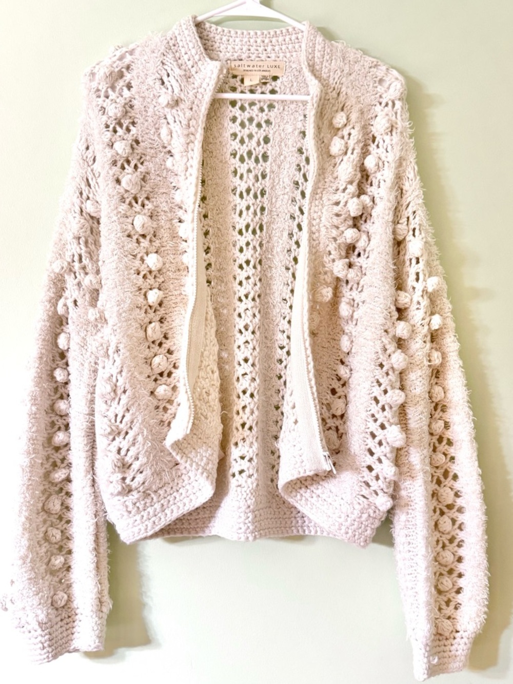 Saltwater Luxe Boho Chunky Knit Pom Pom Zip Cardigan Cream Size Large